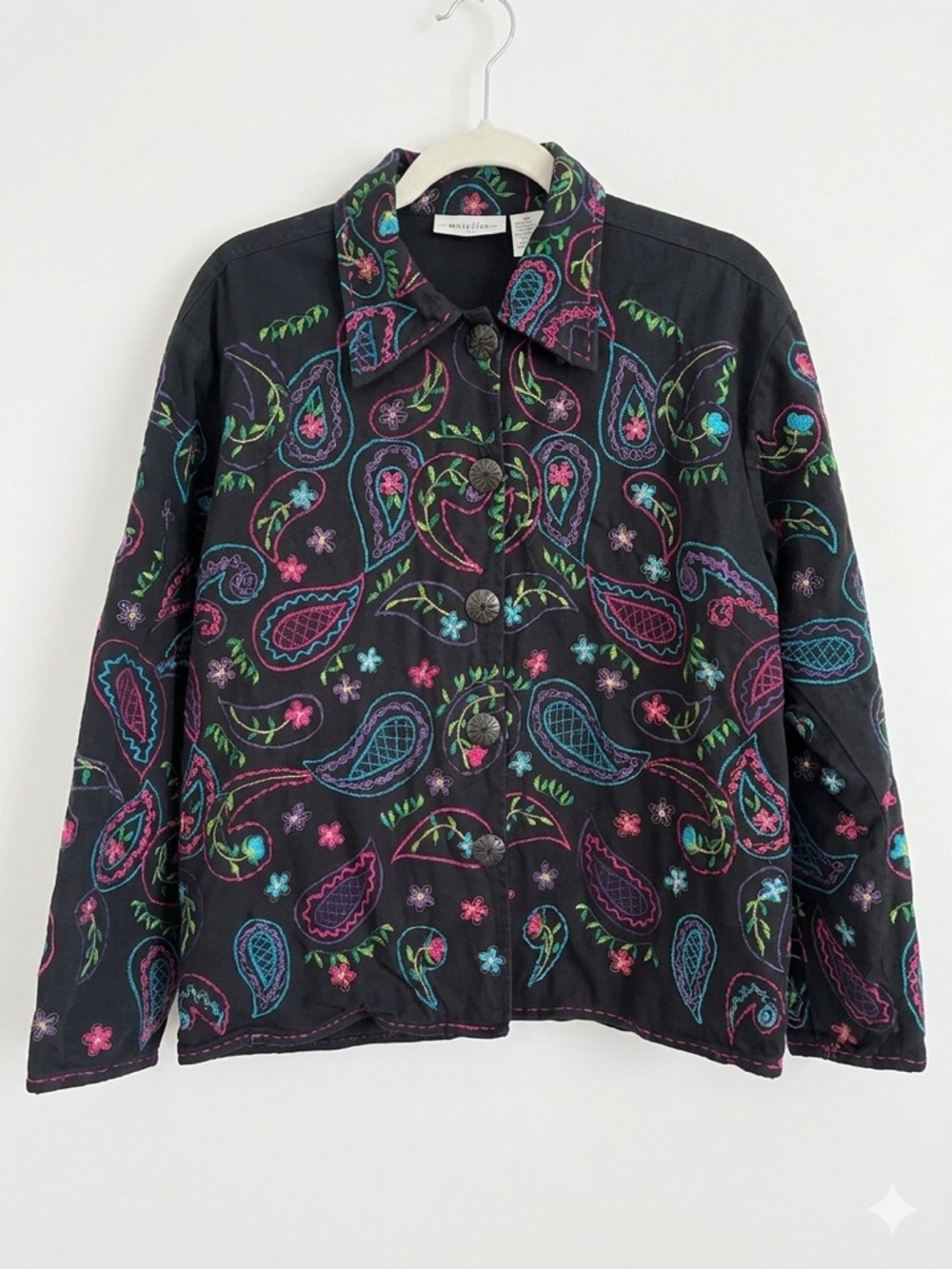 90s Units Artsy Boho Tapestry Linen Embroidered Jacket Cottagecore Eclectic